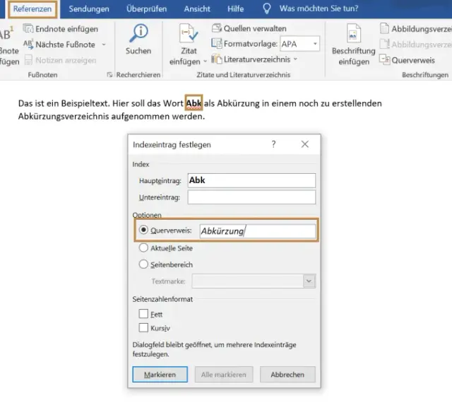 Word: Indexeintrag festlegen. "Abk" wird als Abkürzung markiert, mit Verweis auf "Abkürzung".