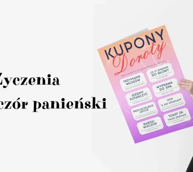 Wzruszające życzenia na wieczór panieński na plakatach z kuponami. Uśmiechnięta dziewczyna prezentuje kolorowe kupony.