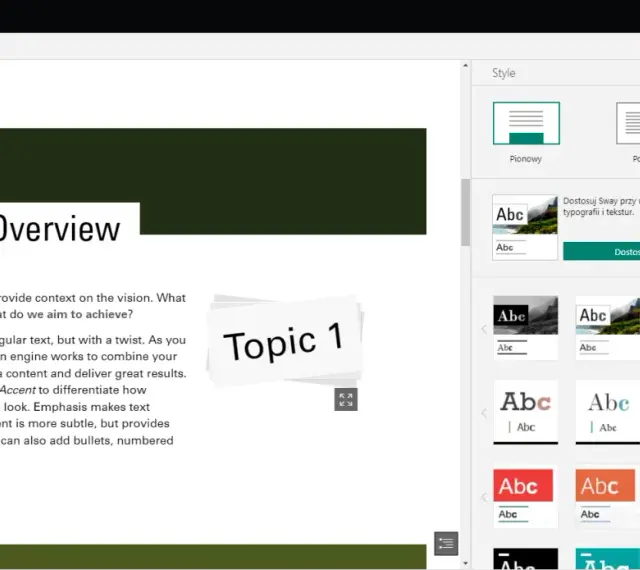 Panel stylów w Sway pozwala na dostosowanie wyglądu prezentacji. Można wybrać układ pionowy, poziomy lub slajdy, a także zmienić typografię i kolory, aby nadać prezentacji unikalny **sway**.
