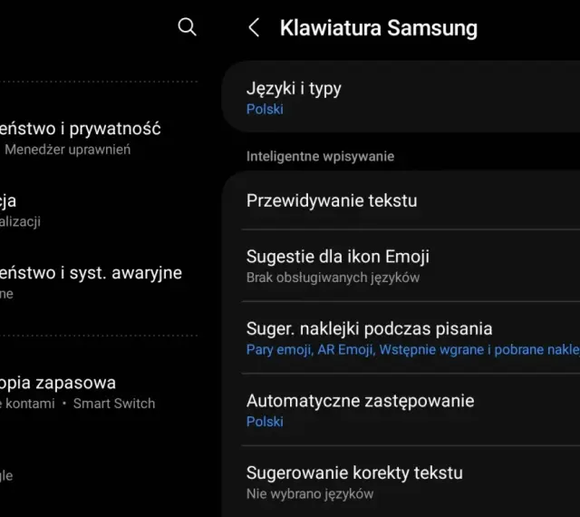 Ustawienia klawiatury Samsung: jak wyłączyć autokorektę? Widok opcji "Sugerowanie korekty tekstu" i "Przewidywanie tekstu".