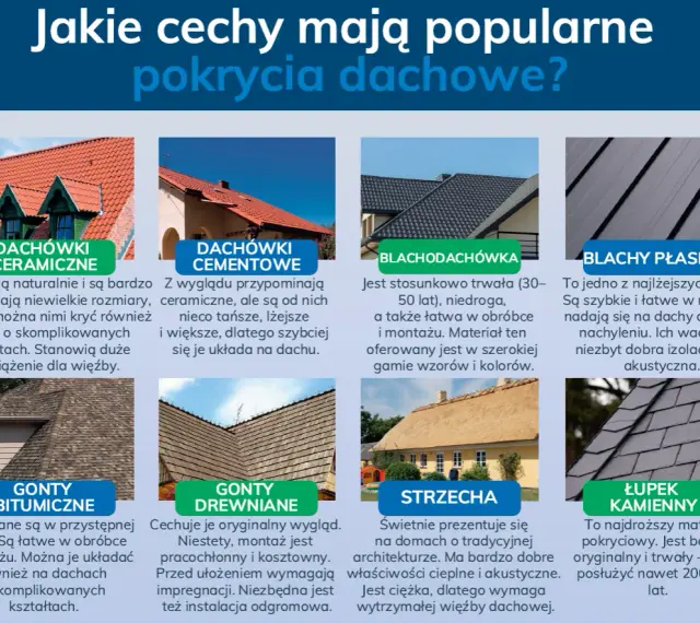 Różne rodzaje dachówek: ceramiczne, cementowe, blachodachówka, blachy płaskie, gonty bitumiczne, gonty drewniane, strzecha, łupek kamienny.