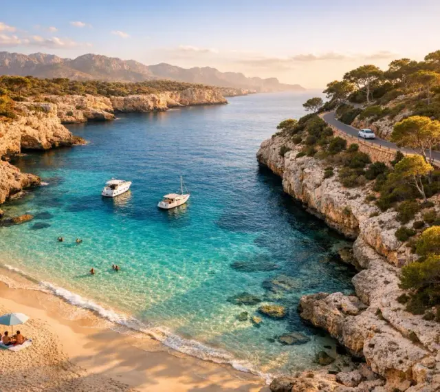 Malownicza zatoka na największej wyspie balearów. Turkusowa woda, piaszczysta plaża, łodzie i kręta droga wzdłuż klifu.