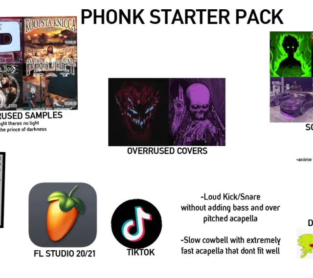 Obrazek przedstawia "Phonk Starter Pack" z elementami takimi jak kasety, okładki płyt, grafiki, maski, samochody i logo FL Studio, sugerując typowe elementy dla **phonk songs**.
