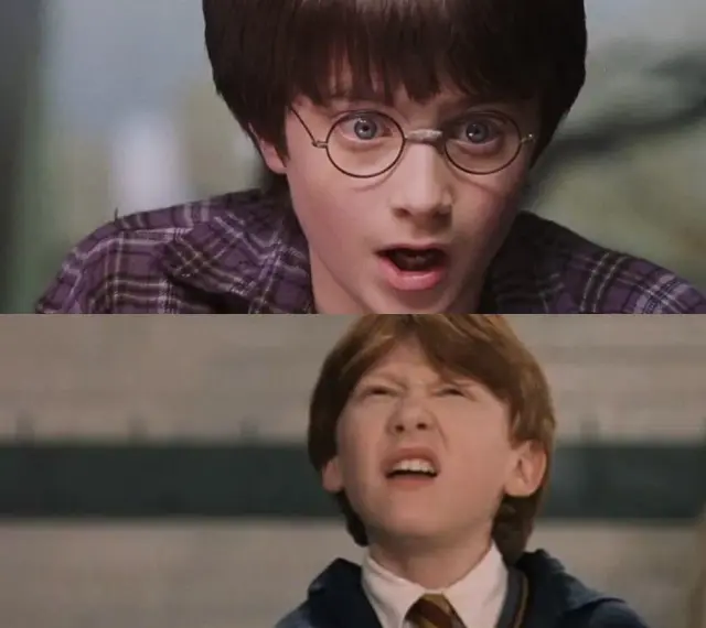 Harry Potter i Ron Weasley, dwaj młodzi bohaterowie, przeżywają chwile zaskoczenia.