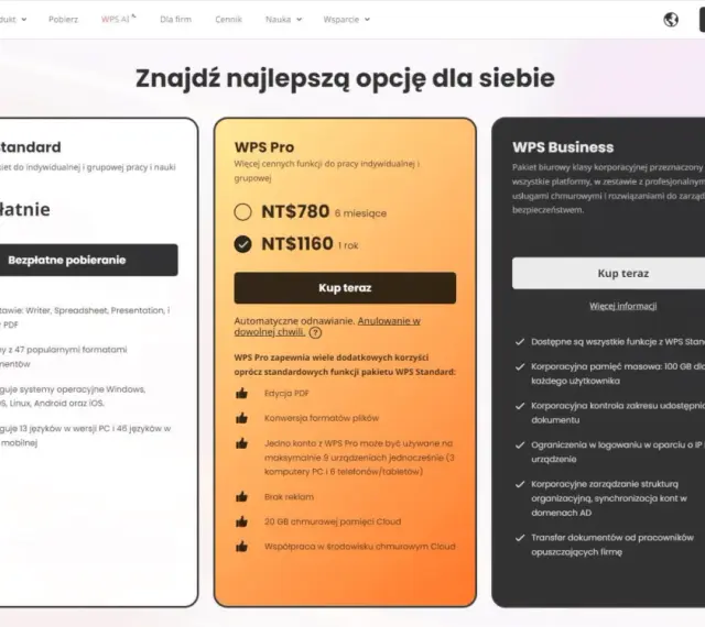 Wybierz pakiet WPS: Standard (bezpłatny), Pro (więcej funkcji) lub Business (korporacyjny). Znajdź idealne rozwiązanie dla siebie.