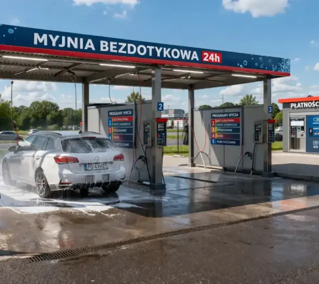 Nowoczesna myjnia bezdotykowa 24h, gdzie auto jest myte pianą. Zastanawiasz się, ile kosztuje postawienie myjni samochodowej? To miejsce daje odpowiedź.