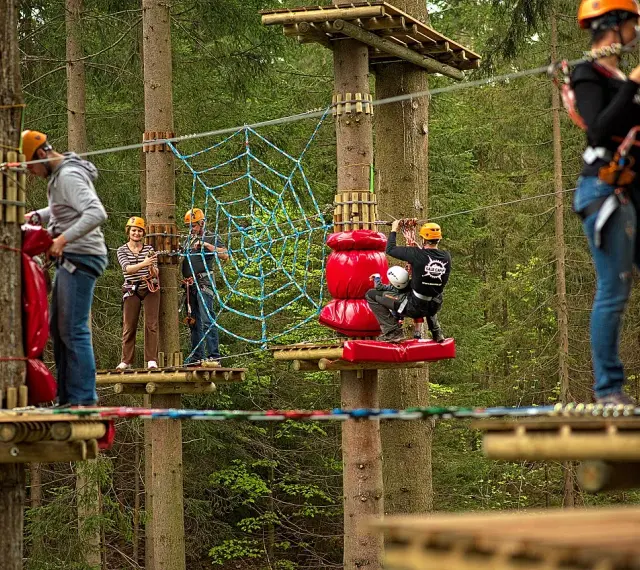 Park linowy Base Camp Istebna: ludzie na platformach wśród drzew, pokonują przeszkody, w tym pajęczynę.