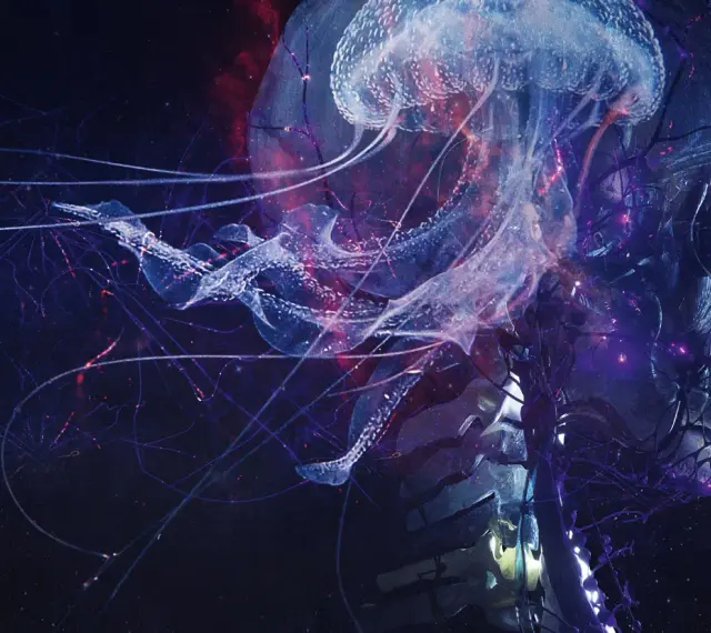 Une méduse lumineuse et des filaments bleus s'entremêlent autour d'un crâne translucide, évoquant le "blut aus nord" dans un univers cosmique.