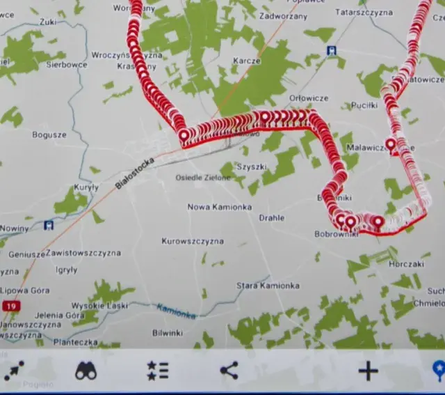 Mapa z zaznaczoną trasą, widoczne nazwy miejscowości: Lebiedzin, Bogusze, Białostocka. Maps me.