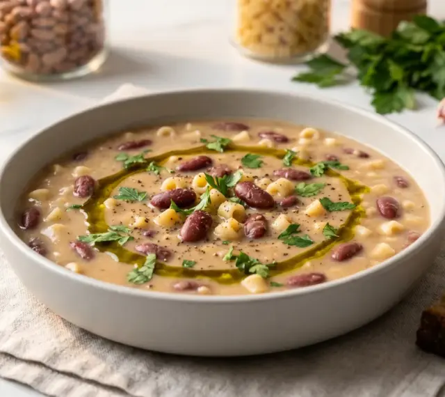 En skål med värmande pasta e fagioli, garnerad med olivolja och persilja, bredvid en skiva rustikt bröd.