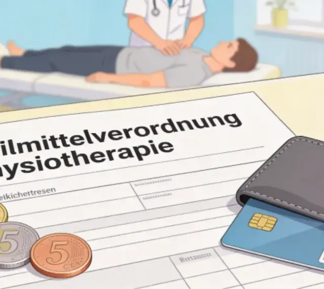 Rezept für Physiotherapie, Münzen und eine EC-Karte liegen auf einem Tisch. Die **Zuzahlung Ergotherapie** ist hier symbolisch dargestellt.