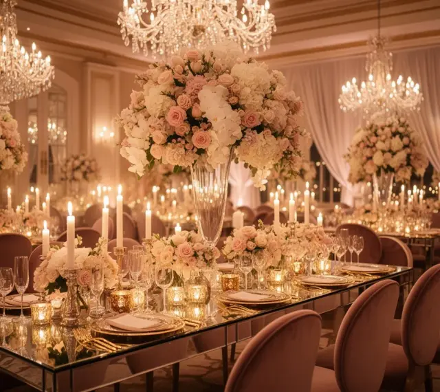 Eleganckie wesele glamour z kryształowymi żyrandolami, bukietami róż i świecami tworzącymi magiczną atmosferę.