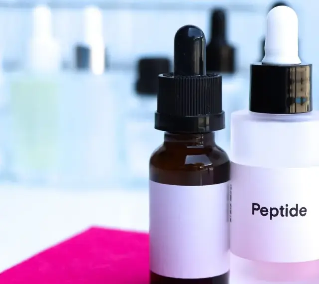 Dwie buteleczki z pipetkami, jedna z napisem "Peptide". W tle laboratoryjne szkło.