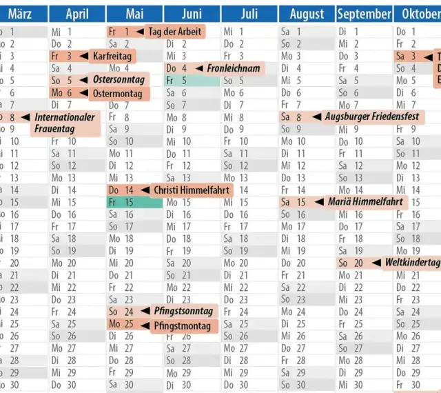 Kalender mit Feiertagen für Ferien in Sachsen-Anhalt. Feiertage wie Ostern, Pfingsten und Allerheiligen sind markiert.