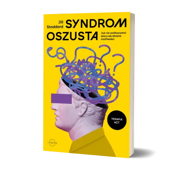 Okładka książki "Syndrom oszusta" Jill Stoddard. Stylizowana głowa z plątaniną myśli i znaków zapytania symbolizuje wewnętrzne wątpliwości.