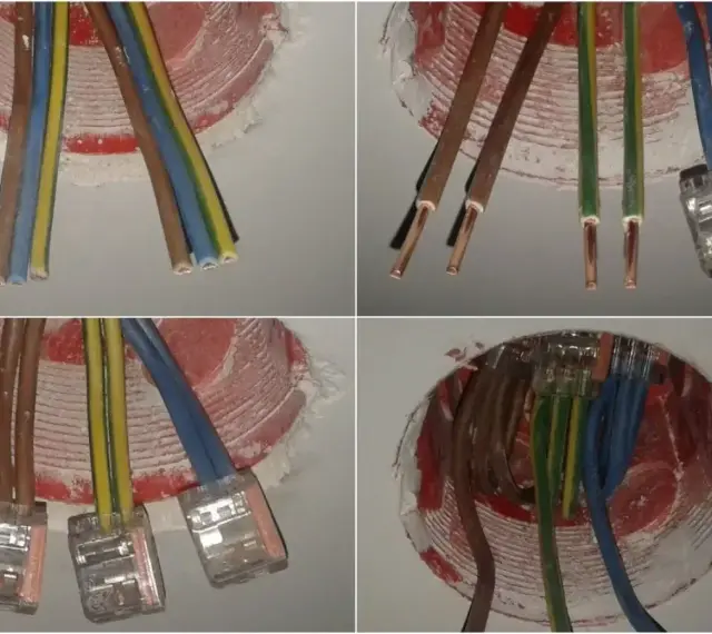 Instalacja elektryczna: jakie kabel do gniazdek? Widać przewody fazowe, neutralne i ochronne w puszkach instalacyjnych.