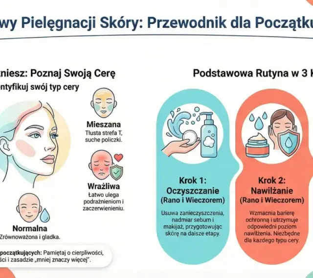 Ilustracja przedstawia podstawy pielęgnacji skóry, typy cery (tłusta, sucha, mieszana, wrażliwa, normalna) i rutynę w 3 krokach: oczyszczanie, nawilżanie i ochrona.