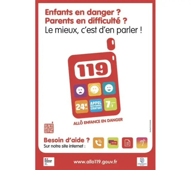 Affiche pour signaler enfant en danger. Le numéro 119 est mis en avant, avec des icônes pour le contact et l'aide.