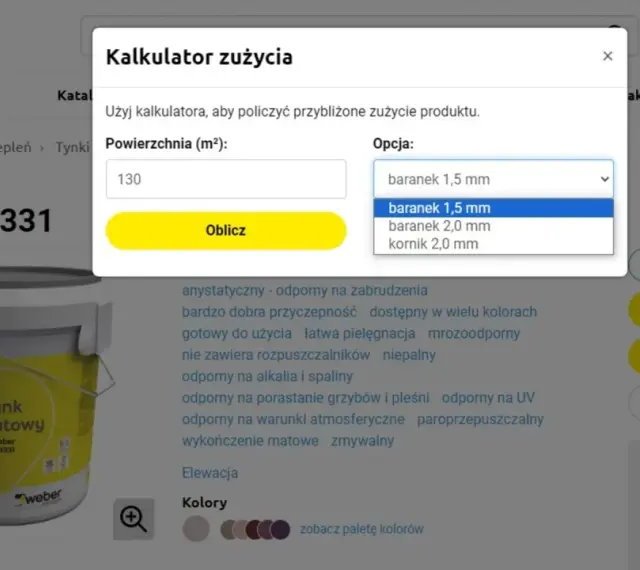 Kalkulator zużycia tynku silikonowego 25 kg. Wpisz powierzchnię 130 m² i wybierz opcję baranek 1,5 mm, aby obliczyć potrzebną ilość.
