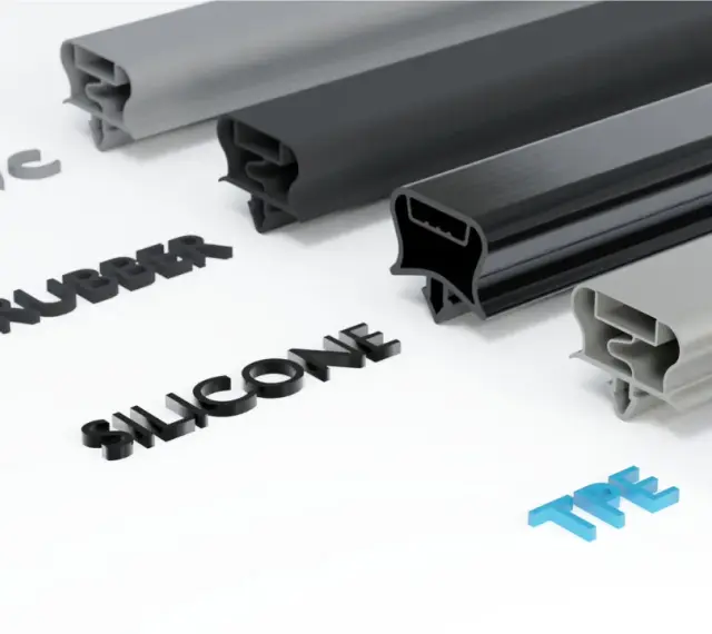 Próbki profili z różnych materiałów: PVC, PVC/RUBBER, SILICONE i TPE.