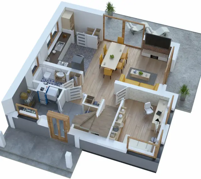 Wizualizacja projektu domu 70m2: kuchnia, łazienka, salon z jadalnią, gabinet i taras.