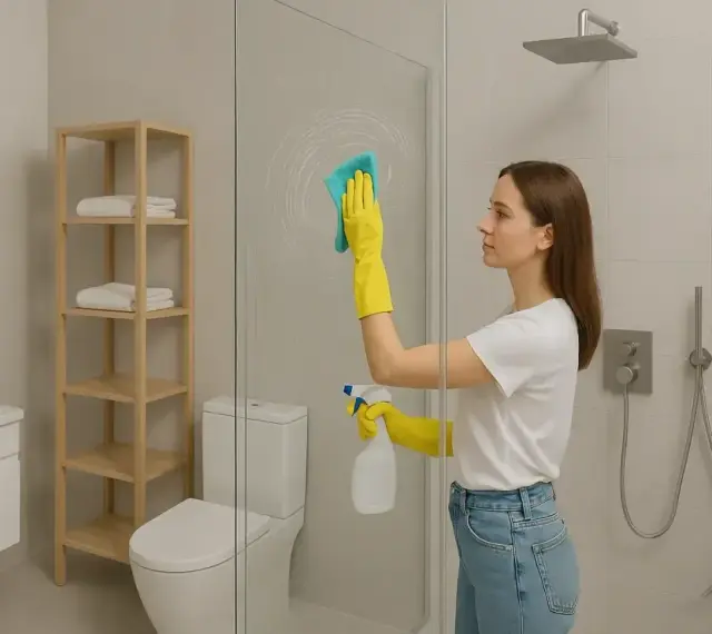 Kobieta w żółtych rękawiczkach czyści szklaną kabinę prysznicową, używając niebieskiej ściereczki i sprayu. Dowiedz się, czym umyć kabinę prysznicową ze szkła, by lśniła czystością.