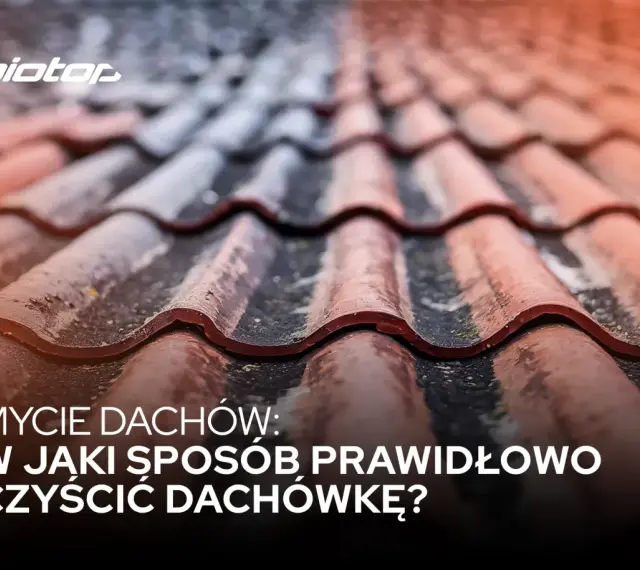 Zbliżenie na dachówki po myciu. Tekst: "Mycie dachów: W jaki sposób prawidłowo czyścić dachówkę?".