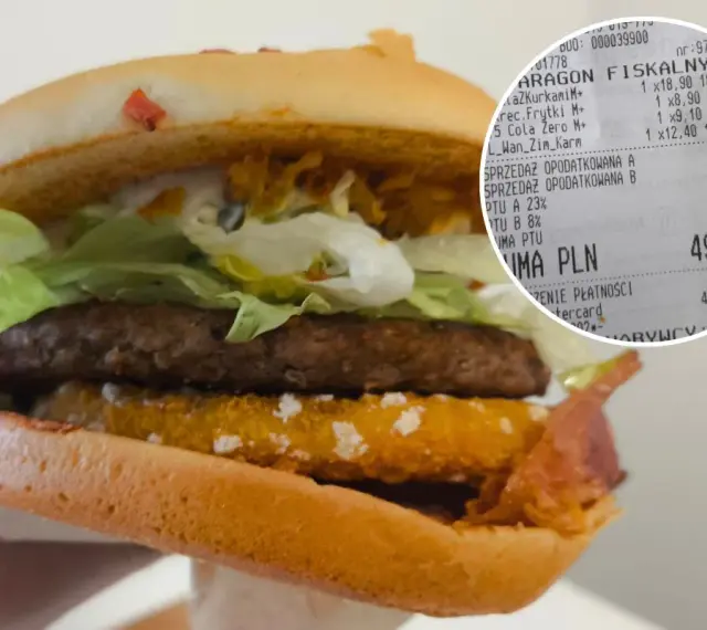 Drwal z chrzanem w burgerze, obok paragon z zakupami.