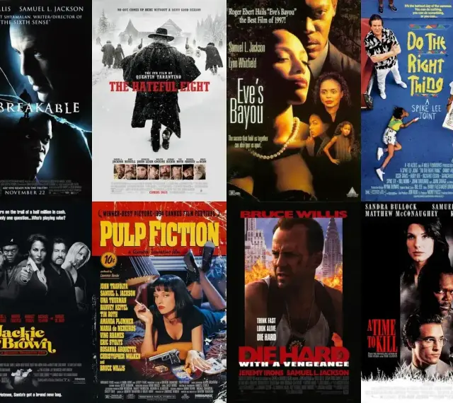 Kolaż plakatów filmowych z Samuel L. Jacksonem: "Unbreakable", "The Hateful Eight", "Eve's Bayou", "Do the Right Thing", "Jackie Brown", "Pulp Fiction", "Die Hard with a Vengeance", "A Time to Kill".