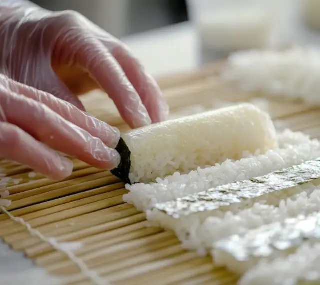 Ręce w rękawiczkach formują ryż na macie bambusowej. Przygotowanie zaprawy do sushi na 500g ryżu.