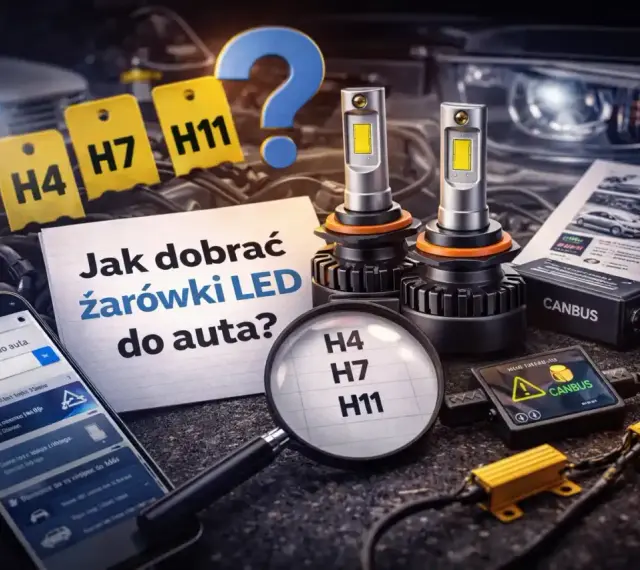 Jak dobrać żarówki LED do auta? Na zdjęciu widać modele H4, H7, H11, telefon z aplikacją i instrukcję.