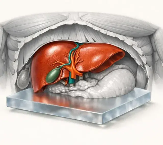 Anatomical illustration of a healthy liver, gallbladder, pancreas, and diaphragm. This ast norma shows the organs in their typical position.