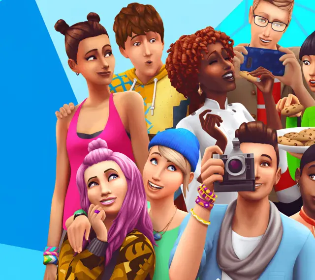 Grupo de Sims sonriendo y comiendo galletas, listos para usar comandos en Los Sims 4.