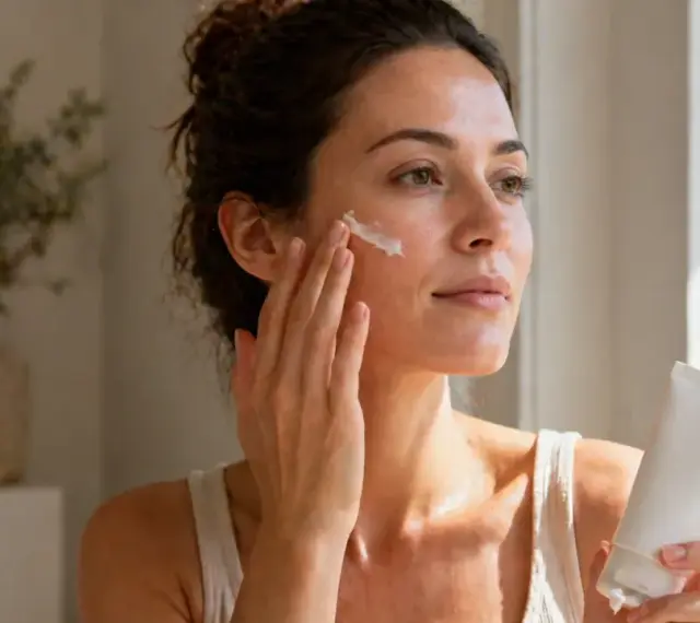 Kobieta aplikuje krem na twarz, zastanawiając się, retinol co to jest i jak działa na skórę.