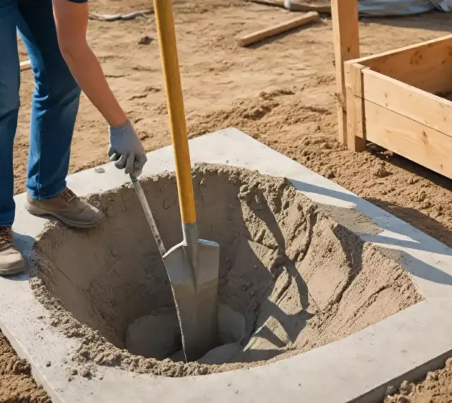 Osoba kopie dół w betonie, przygotowując fundamenty pod słupki ogrodzeniowe. Właściwe proporcje betonu są kluczowe dla stabilności.