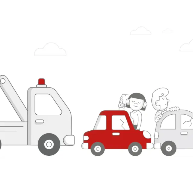 Pomoc drogowa to coś, co ratuje w potrzebie. Holownik zabiera czerwone auto z pasażerami, a za nim stoi kolejne uszkodzone auto.