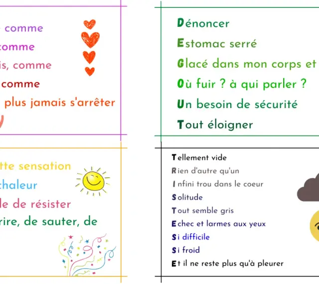 Acrostiche le jeu : quatre poèmes sur les émotions, de la joie à la tristesse, avec des illustrations.