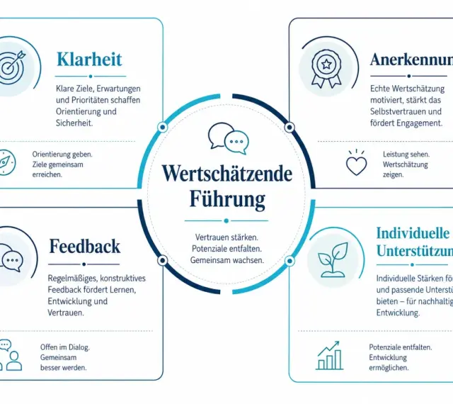 Schema zur wertschätzenden Führung: Klarheit, Feedback, Anerkennung und individuelle Unterstützung fördern Vertrauen und Wachstum.