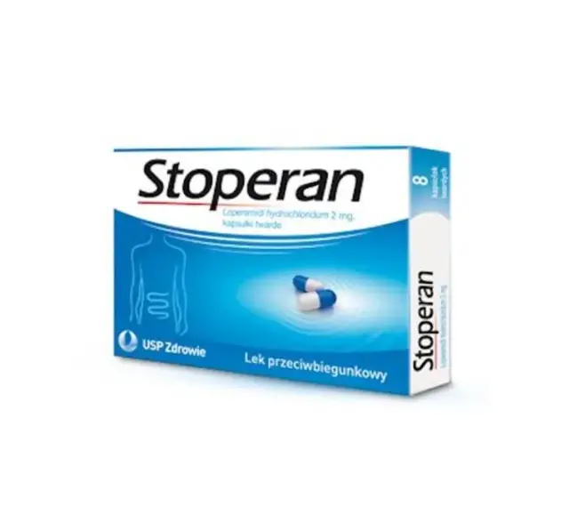 Opakowanie leku Stoperan, zawierające 8 kapsułek. Informacje o stoperan dawkowanie i składzie.