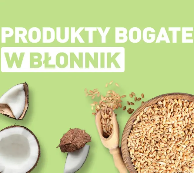 Produkty bogate w błonnik: kokosy i ziarna pszenicy.