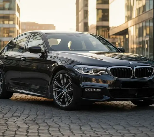 Eleganckie, czarne BMW M5 G30 lśni w słońcu na tle nowoczesnych budynków.