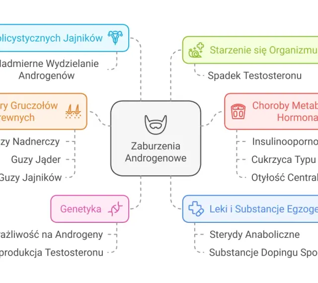 Mapa przyczyn zaburzeń androgenowych: PCOS, nowotwory, starzenie, choroby metaboliczne, genetyka, leki.