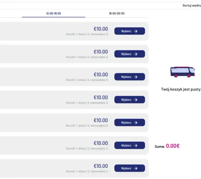 Rozkład jazdy autobusu z Bergamo do Mediolanu. Dostępne kursy co 30 minut, każdy za 10 euro.