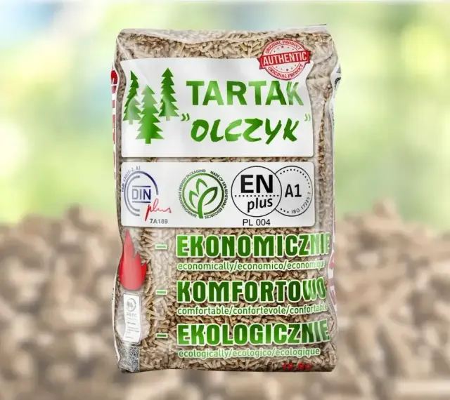 Worek z pelletem drzewnym "Tartak Olczyk". Sprawdź aktualna cena pelletu, by ogrzać dom ekonomicznie, komfortowo i ekologicznie.