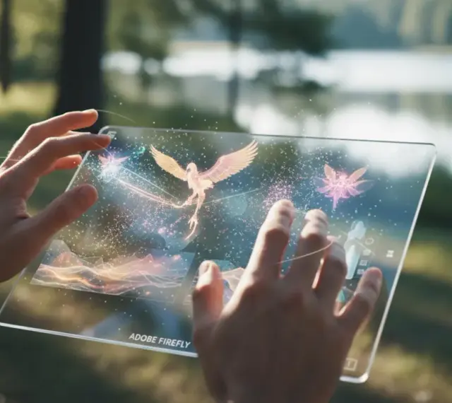 Ręce trzymają przezroczysty tablet, na którym **Adobe Firefly** tworzy magiczne, świetliste stworzenia, jak ptak i ważki, na tle natury.