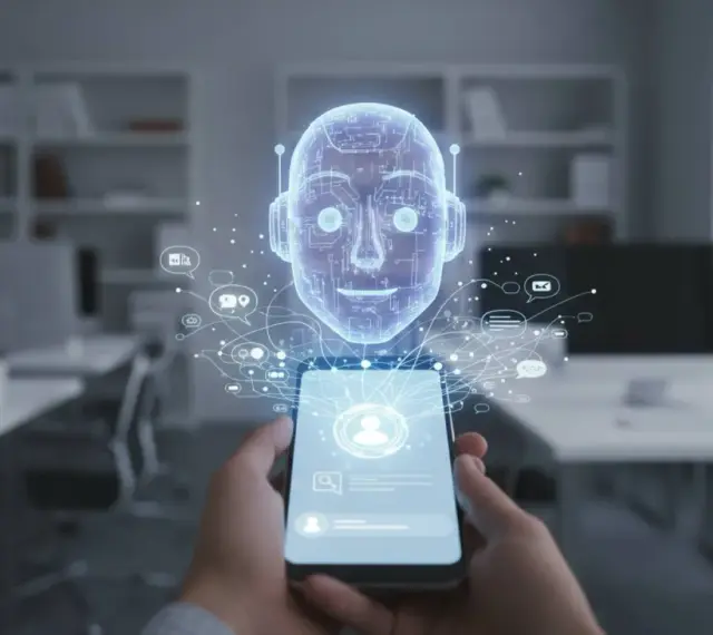 Dłoń trzyma smartfon, z którego wyłania się holograficzna głowa robota. To zaawansowany chatbot, otoczony ikonami komunikacji, gotowy do rozmowy.