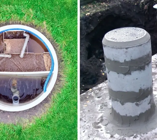 Betonowe szambo z drenażem, widok wnętrza z rurami i zewnętrzna część z włazem.