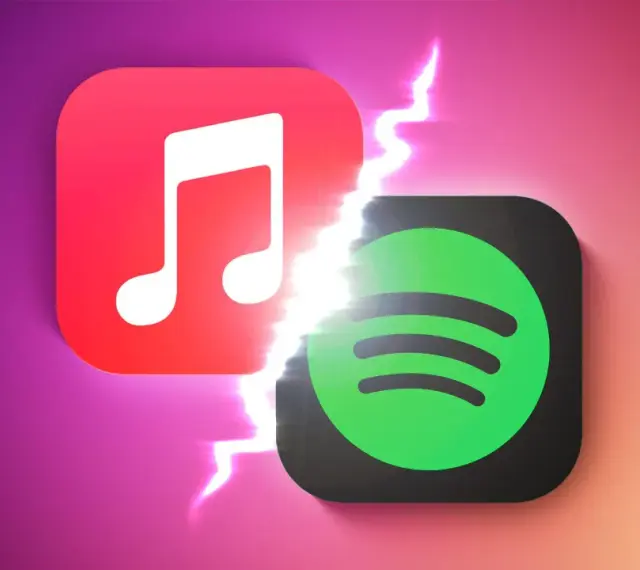 Logo Apple Music i Spotify obok siebie, rozdzielone błyskawicą. Który wybierasz: Apple Music czy Spotify?