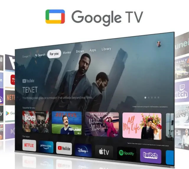 Nowoczesny telewizor z interfejsem Google TV, prezentujący filmy i aplikacje. Odkryj świat rozrywki na swoim ekranie.