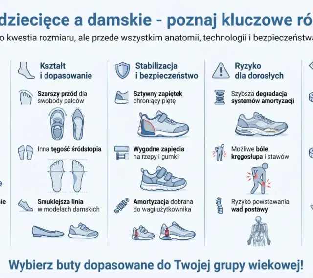 Porównanie butów dziecięcych i damskich: budowa, kształt, stabilizacja, ryzyko dla dorosłych, wskazówki zakupowe. Poznaj części buta i nazwy.